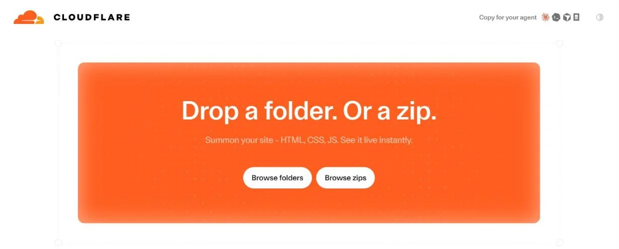 Page de Cloudflare Drop avec le cadre « Drop a folder. Or a zip. » et les boutons Browse folders et Browse zips