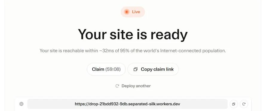 Écran « Your site is ready » de Cloudflare Drop avec le bouton Claim, son compte à rebours et l'adresse du site