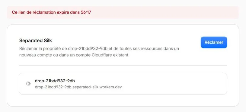 Page Cloudflare « Ce lien de réclamation expire dans 56:17 » avec le bouton Réclamer