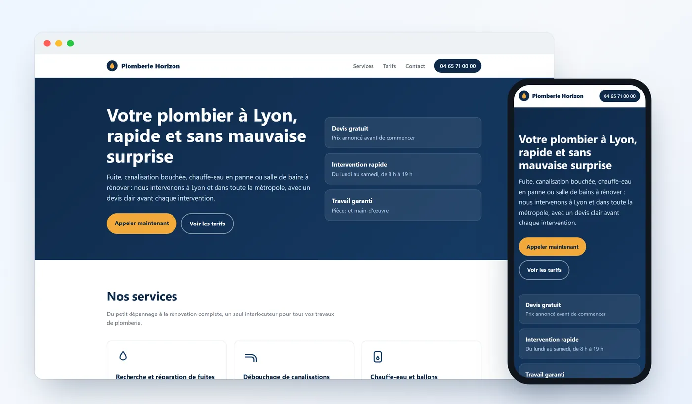 Site vitrine d'un plombier fictif créé par une IA, affiché sur ordinateur et sur téléphone