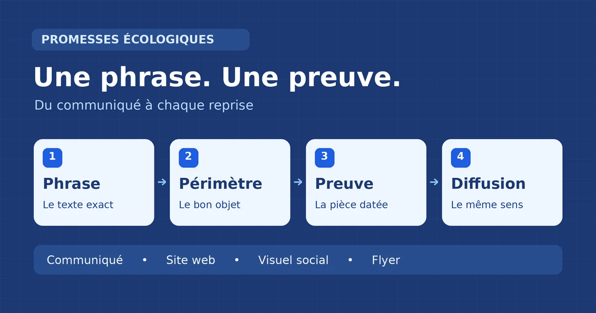 Quatre étapes reliées : phrase exacte, périmètre concerné, preuve datée, puis diffusion sans perte des précisions sur les différents supports.