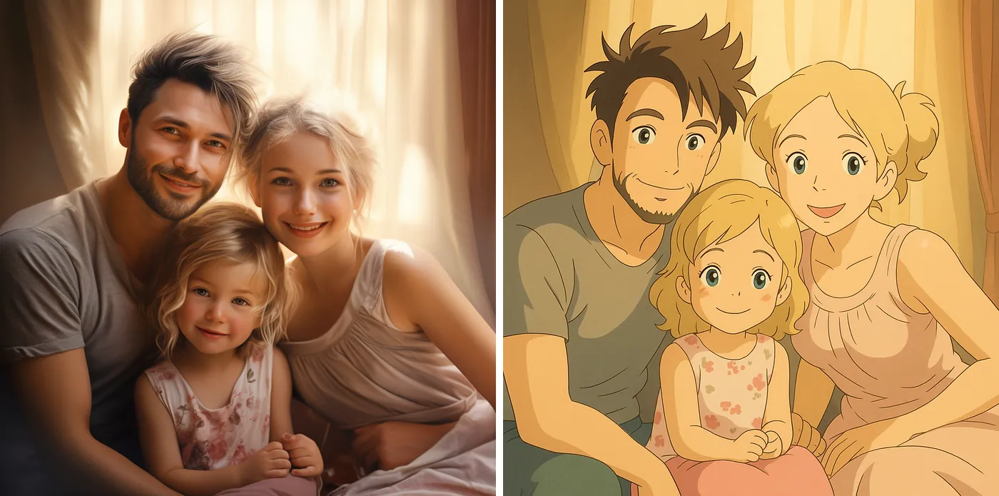 Photo d'une famille à gauche et la même famille dessinée en style manga à droite