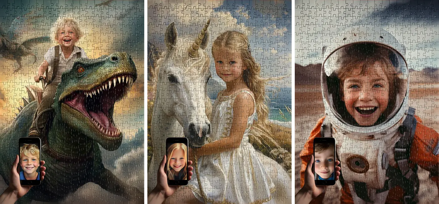 Trois puzzles personnalisés SwappyPrint : un garçon sur le dos d'un tyrannosaure, une fillette avec une licorne et un enfant astronaute, chacun à côté du selfie d'origine affiché sur un téléphone